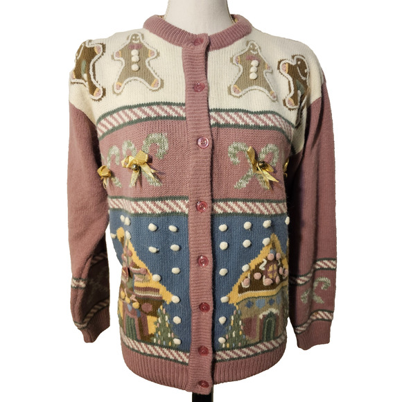 Alfred Dunner Womens Pink Embellished Christmas Gingerbread Sweater Size PM - Picture 1 of 7